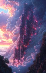 Futuristic Cityscape Towering Above Clouds at Sunset with Ethereal Glow
