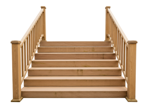 Isolated wooden staircase with handrails, a classic design for decks, patios, and outdoor spaces