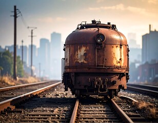 Rusty locomotive on railway tracks at sunset