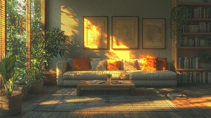Cozy Living Room Interior with Warm Sunlight and Natural Elements