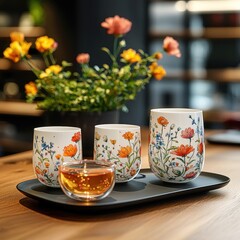 Elegant Floral Tumblers and Tea Cup on Serving Tray Still Life