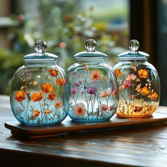 Glass Jars with Floral Design on Tray for Home Decor Display