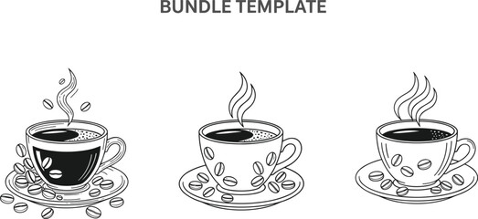 Coffee Cup Bundle Vector with Saucer, Steam, and Bean Elements for Café Branding, Packaging, Menu Design, and Promotional Graphics