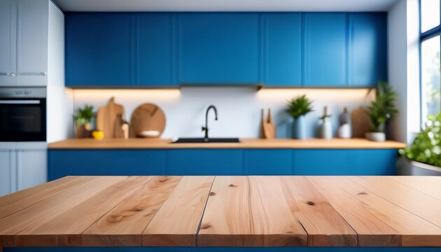 wooden countertop on a blurred background of a trendy blue kitchen