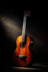 Obraz premium Acoustic guitar placed on a minimalist white surface, casting soft shadows in a clean studio setup.