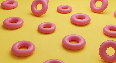 Fototapeta premium Floating Pink Donuts on Yellow Background.