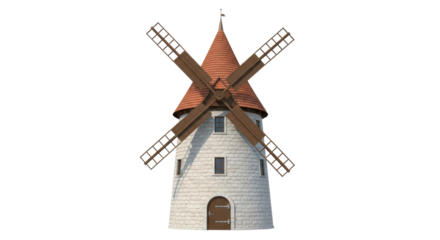 Isolated medieval windmill against light background, European architecture, historical building