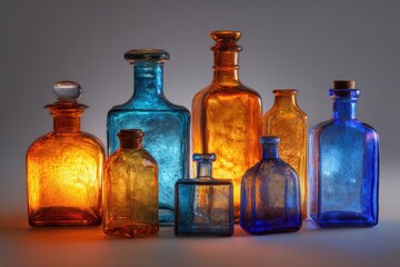 Colorful Glass Bottles Still Life: Amber, Blue, and Orange Decorative Vases