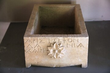 Apollonia, Albania. Stone funerary urn. Burial customs of Ancient Greek and Roman archaeological discovery site.