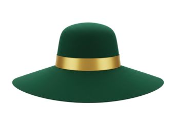 Isolated stylish green broad brimmed hat with gold ribbon for sun protection accessory