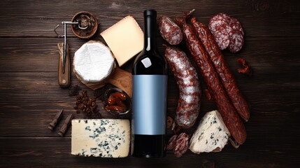An elegant arrangement of cheeses and sausages with a wine bottle on a wooden surface.