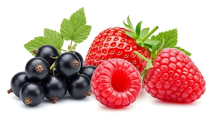 Fresh ripe berries mix with strawberry raspberry and blackcurrant isolated on white background.