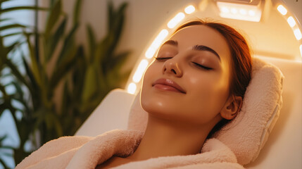 Woman receiving laser facial treatment in luxurious skincare medspa clinic, wearing robe and relaxing while technician using laser device on her face for skin rejuvenation, tightening and lifting