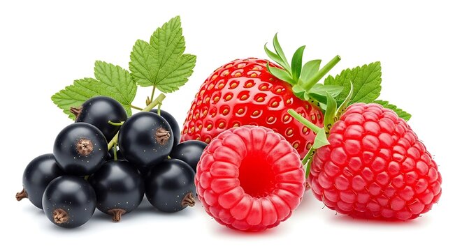 Fresh ripe berries mix with strawberry raspberry and blackcurrant isolated on white background.