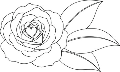 Stylized Flower Vector with Heart-Shaped Petals and Three Detailed Leaves in Black and White for Botanical, Artistic, and Design Use