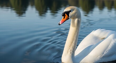 Obraz premium Elegant swan gracefully gliding on tranquil water surface, serene nature scene.