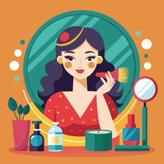 Fashionable young woman applying makeup using a hand mirror vector illustration for beauty and style
