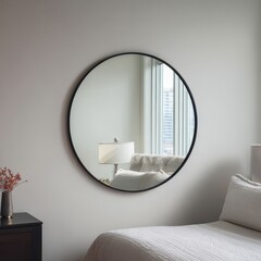 Modern Bedroom Interior with Round Mirror Reflecting Lamp and Couch