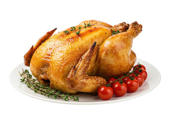 Isolated roasted chicken with tomatoes and thyme on plate, delicious and juicy entree dish
