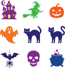 Colorful Halloween Silhouette Icon Pack: Haunted House, Witch, Jack-o'-Lantern, Ghost, Cat, Bat, Skull, Spider and Cauldron on White Background