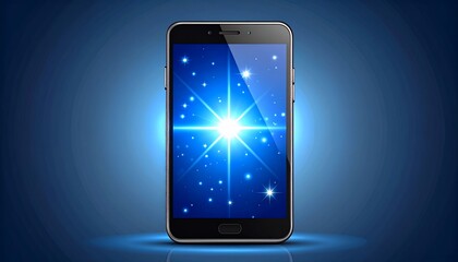 Smartphone displaying a bright digital starburst illustration on a gradient blue background
