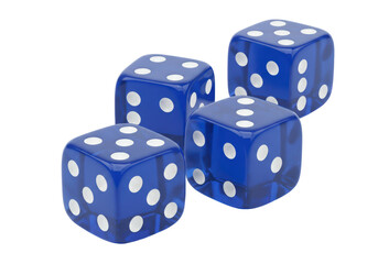 Isolated blue dice in a random arrangement, used in various games, for gambling purposes