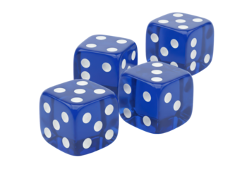 Isolated blue dice in a random arrangement, used in various games, for gambling purposes