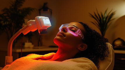 Woman receiving laser facial treatment in luxurious skincare medspa clinic, wearing robe and relaxing while technician using laser device on her face for skin rejuvenation, tightening and lifting