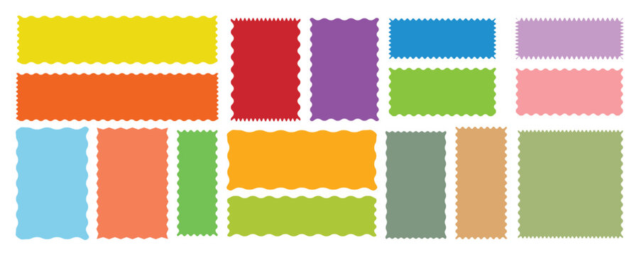 Rectangle shape frame with zigzag edge.  Set of Zigzag and colorful Shapes. Vector set colorful wavy edge frames. Rectangular jagged curved box element. 