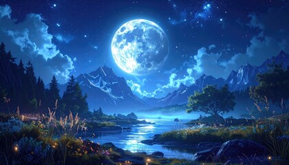 Night Landscape with Full Moon over Mountains and River Pixel Art Illustration with Glowing Lights and Dark Blue Sky and Starry Night