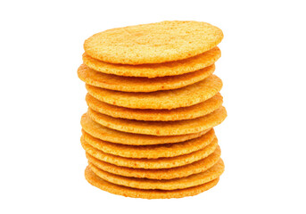 Isolated stack of crunchy cheesy crackers snack ready for eating or healthy lifestyle