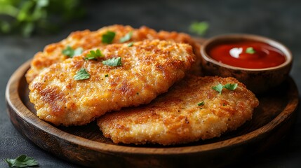Crispy fried chicken cutlets are beautifully arranged on a rustic wooden plate next to a ramekin of vibrant red dipping sauce and a garnish of fresh parsley sprigs.
