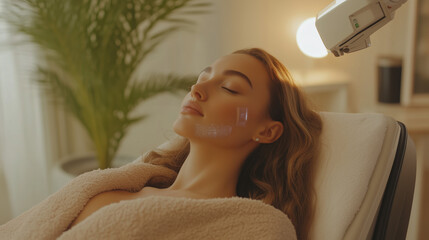 Woman receiving laser facial treatment in luxurious skincare medspa clinic, wearing robe and relaxing while technician using laser device on her face for skin rejuvenation, tightening and lifting