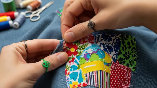 Hand sewing colorful fabric patches on denim
