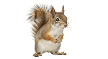 Isolated adorable red squirrel standing upright, holding paws, attentive and cute