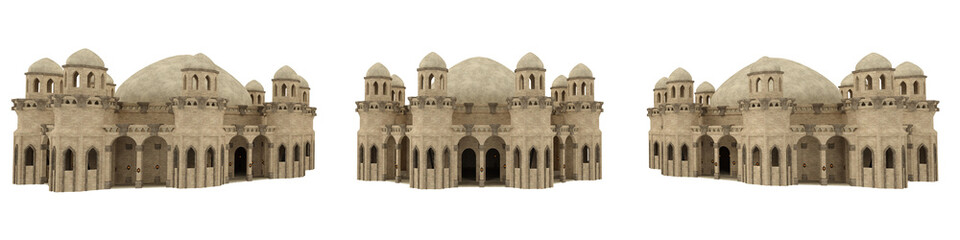 Islamic mosque with large dome and multiple towers. 3D render from three angles.