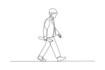 Continues line and simple line of architect walking with blueprint Single line drawing vector graphic design illustration