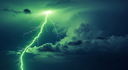 Green Lightning Strike in Dark Clouds.