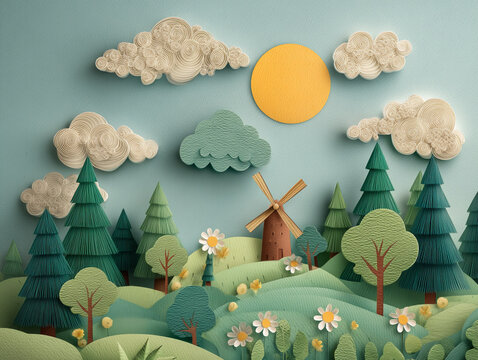 Colorful paper art depicting a sunny landscape with a windmill, trees, and flowers in a whimsical design