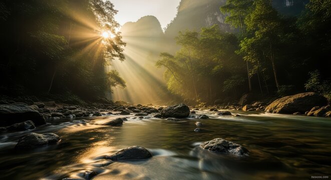 Sunlight filtering through dense forest onto a rocky riverbed - Powered by Adobe