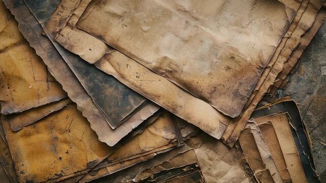 A pile of old papers sits on top of a table, possibly containing important documents or notes