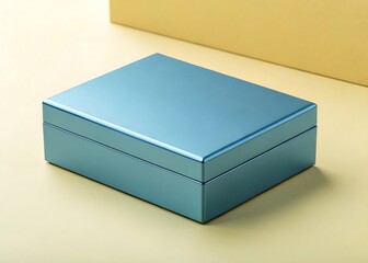 Premium metallic blue box on pastel yellow background