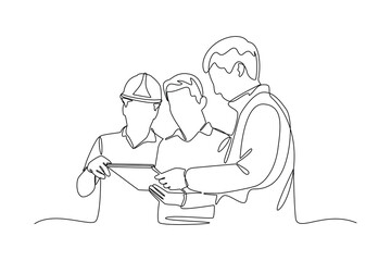 Continues line and simple line of group of architects checking design Single line drawing vector graphic design illustration