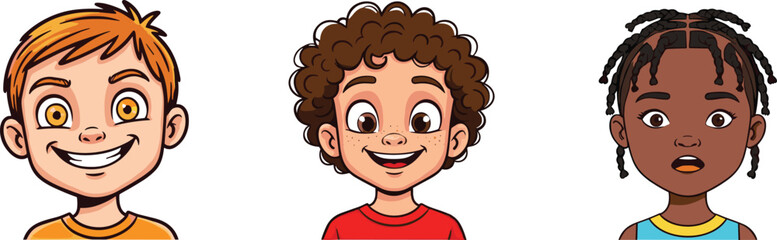 Cartoon children faces, diverse kids expressions, happy boy and girl, cute animated characters, child avatars, smiling kids, vector illustration, young faces, multicultural kids, cheerful children