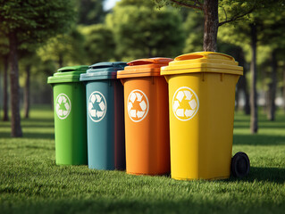 Four colorful recycling bins lined up under trees in a park on a sunny day