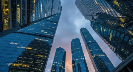 Modern Cityscape Towering Skyscrapers Architecture Against Dramatic Sky