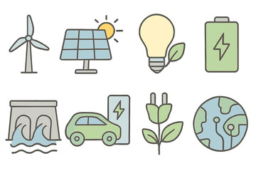 Renewable energy icon set. Green technology solutions for sustainability. Vector icons of wind turbine, solar panel, electric car, hydropower. Eco friendly power concept.