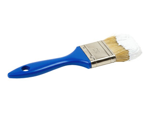 Isolated paint brush with blue handle and white paint on bristles for house painting