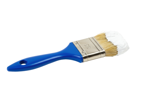 Isolated paint brush with blue handle and white paint on bristles for house painting