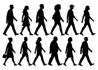 A group of people walking in a line. The people are all different sizes and shapes. The image is in black and white. Vector silhouette. 